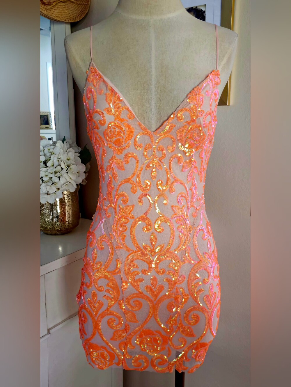 Lucy in the Sky Neon Orange Sequin Lace Strapless Slip Dress Sz M EUC